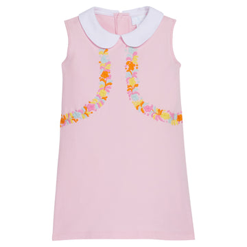 Little English x Mi Golondrina light pink cotton dress for spring, girl's sleeveless peter pan dress with multicolored embroidery