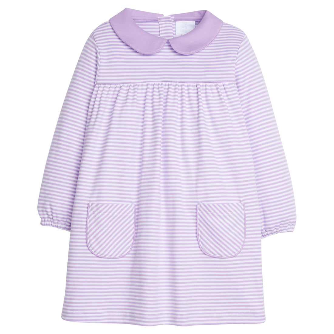 little english classic childrens clothing girls lavender and white striped dress with front pockets and peter pan collar