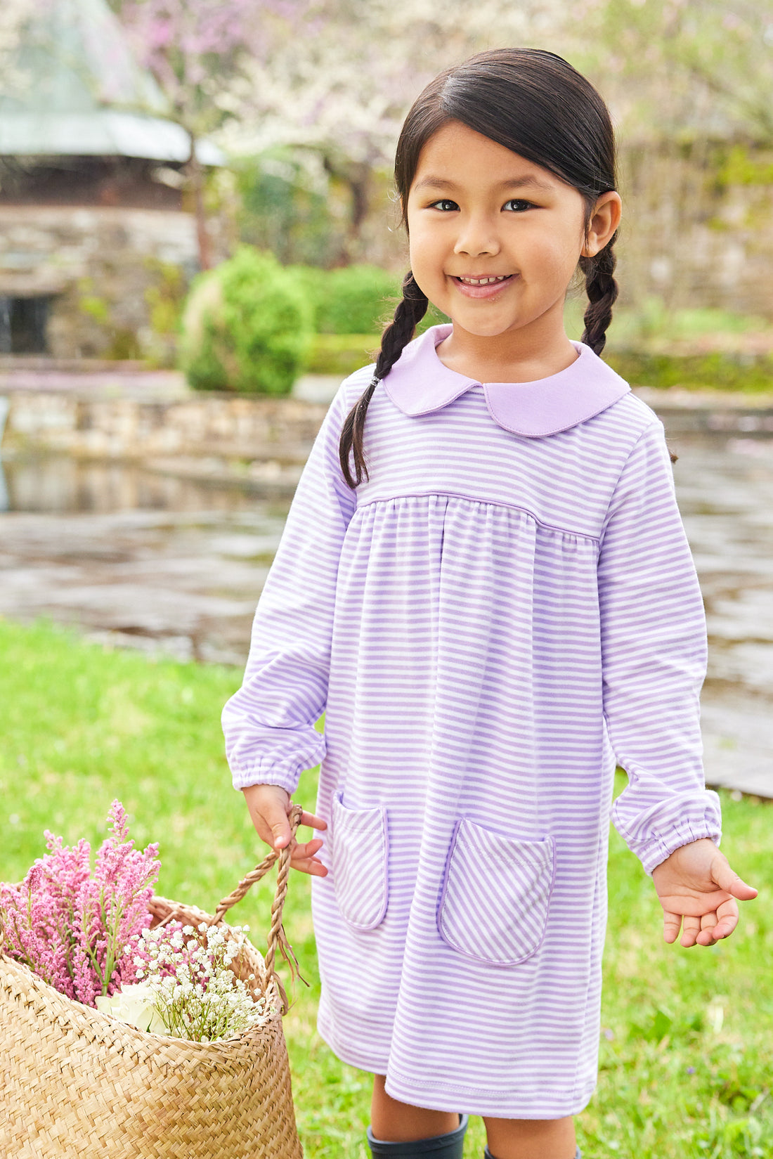 little english classic childrens clothing girls lavender and white striped dress with front pockets and peter pan collar