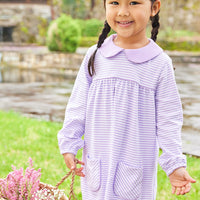 little english classic childrens clothing girls lavender and white striped dress with front pockets and peter pan collar