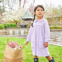 little english classic childrens clothing girls lavender and white striped dress with front pockets and peter pan collar