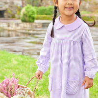 little english classic childrens clothing girls lavender and white striped dress with front pockets and peter pan collar