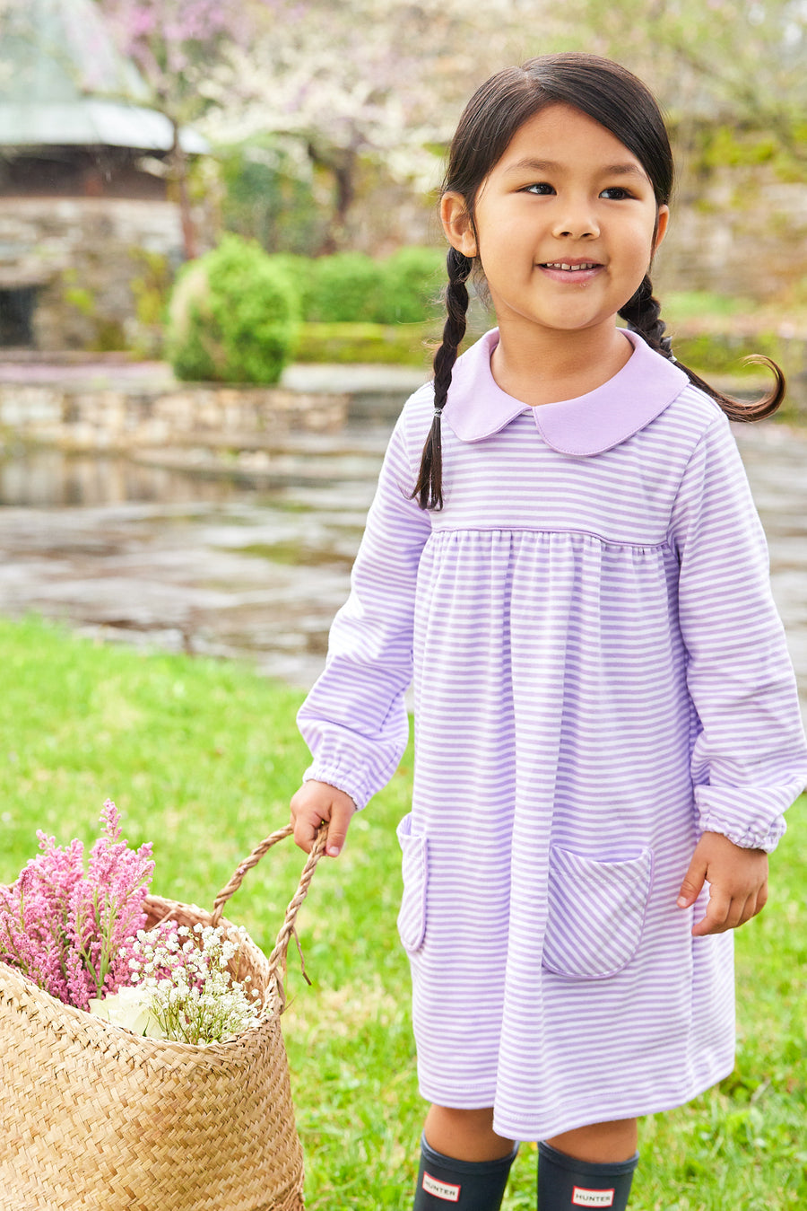 little english classic childrens clothing girls lavender and white striped dress with front pockets and peter pan collar