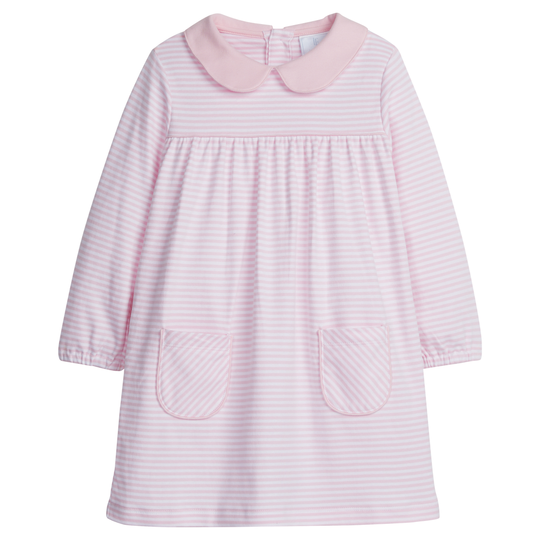 little english classic childrens clothing girls light pink and white striped dress with front pockets and peter pan collar