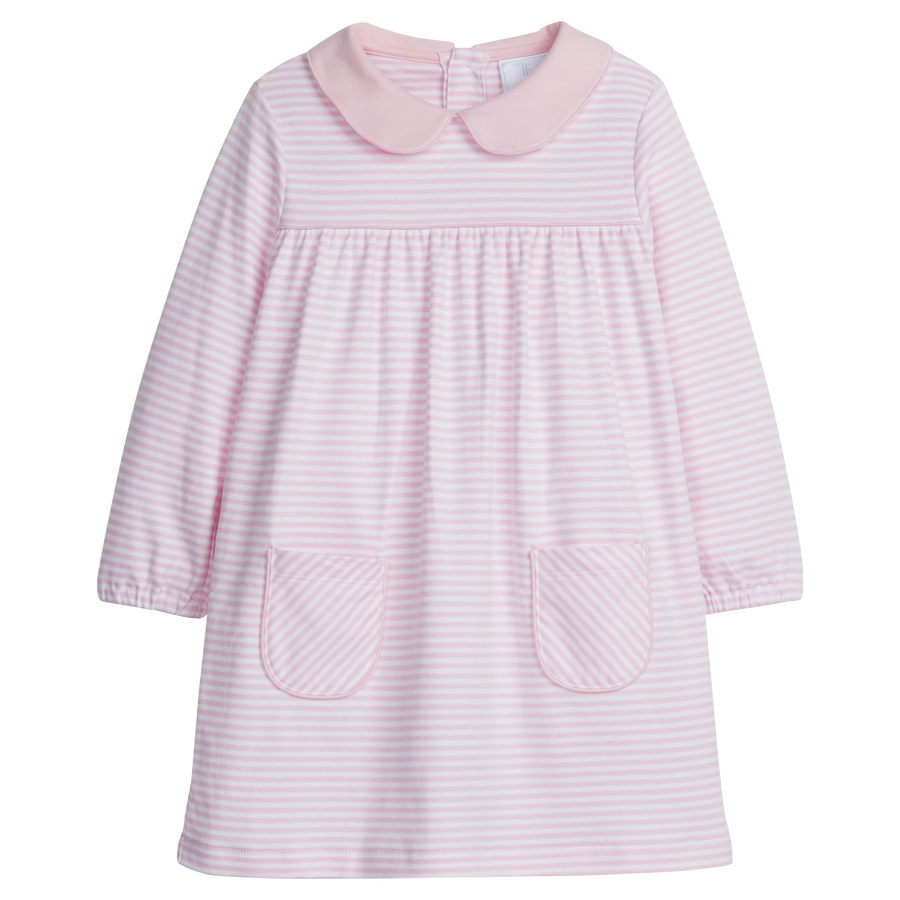 little english classic childrens clothing girls light pink and white striped dress with front pockets and peter pan collar