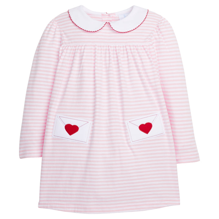 Little english traditional children's clothing, Evelyn dress in light pink and white stripe with love letter applique for little girl 