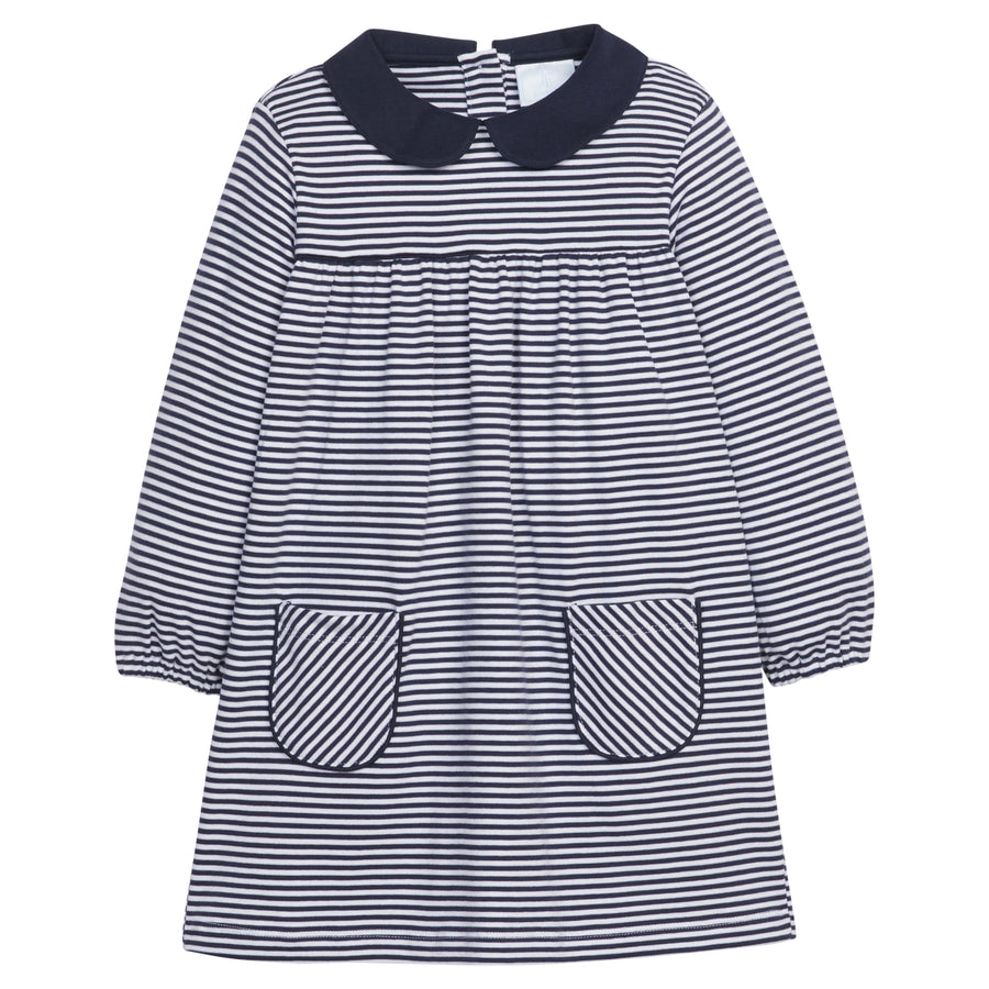 little english classic childrens clothing girls navy and white striped dress with front pockets and peter pan collar