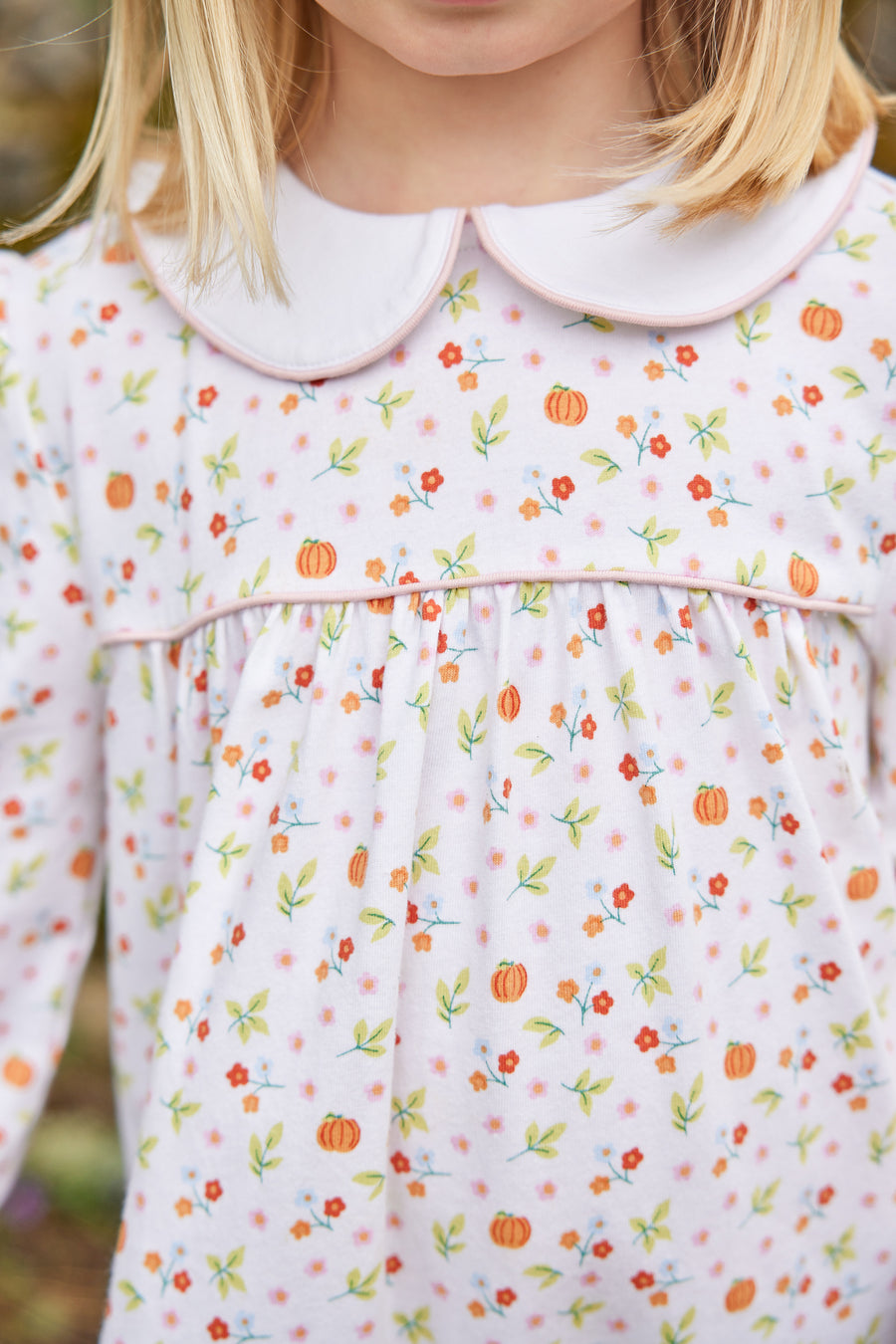 Little English traditional children's clothing.  Pumpkin floral print knit dress for little girls for Fall