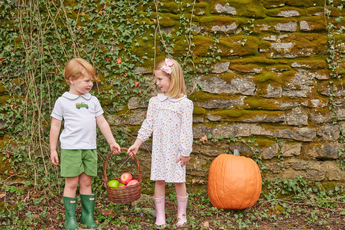 Little English traditional clothing, peter pan short set with green piping and shorts, truck with pumpkin applique on chest