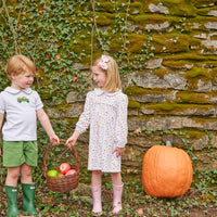 Little English traditional clothing, peter pan short set with green piping and shorts, truck with pumpkin applique on chest