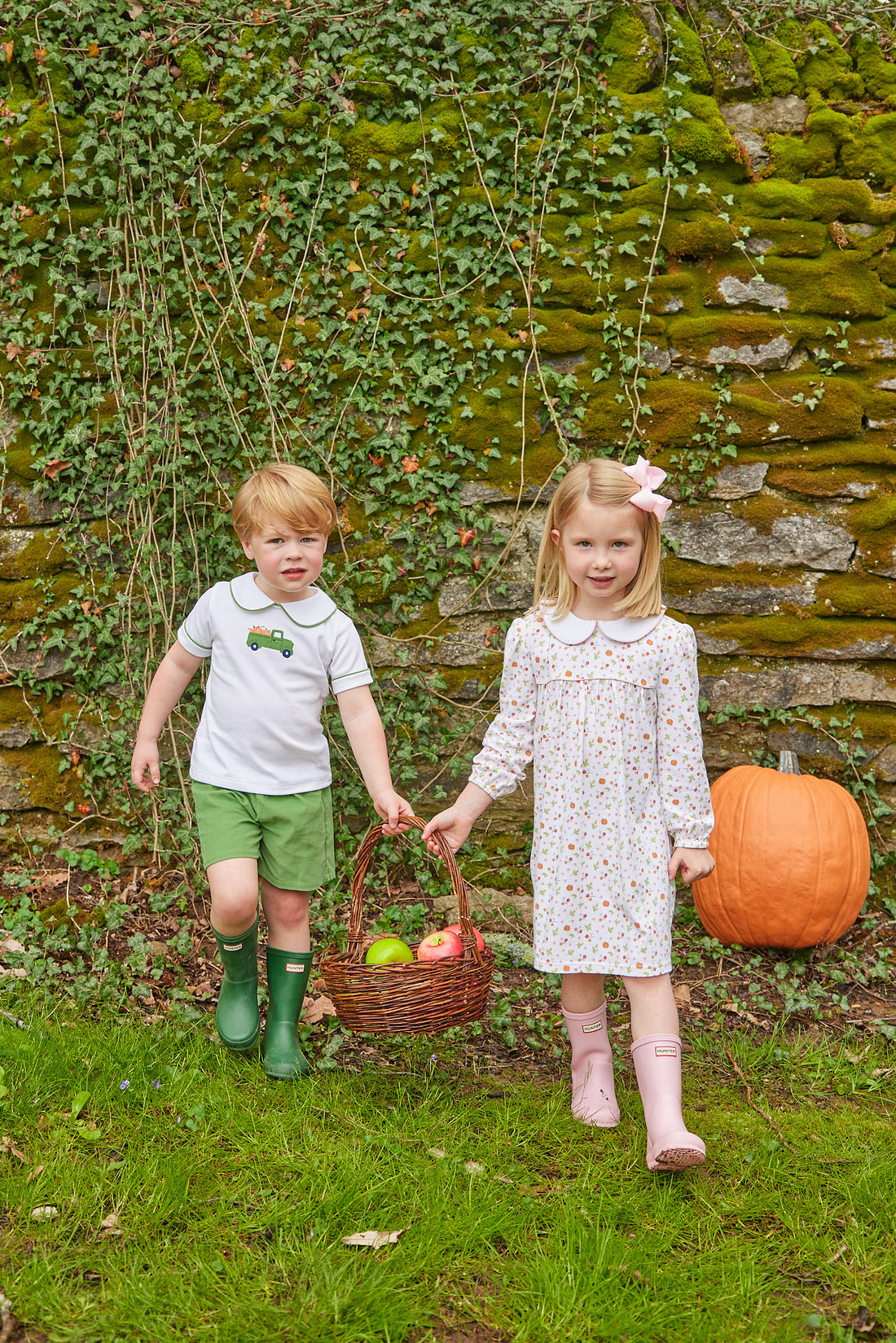 Little English traditional clothing, peter pan short set with green piping and shorts, truck with pumpkin applique on chest