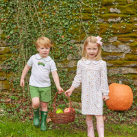 Little English traditional clothing, peter pan short set with green piping and shorts, truck with pumpkin applique on chest