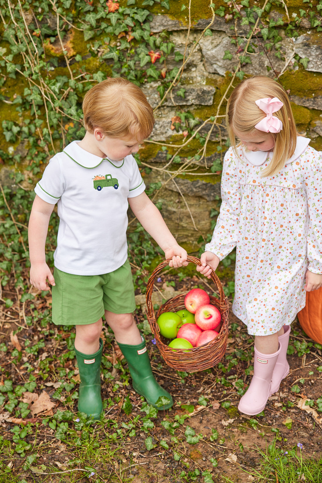 Little English traditional clothing, peter pan short set with green piping and shorts, truck with pumpkin applique on chest