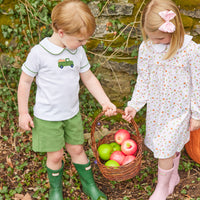 Little English traditional clothing, peter pan short set with green piping and shorts, truck with pumpkin applique on chest