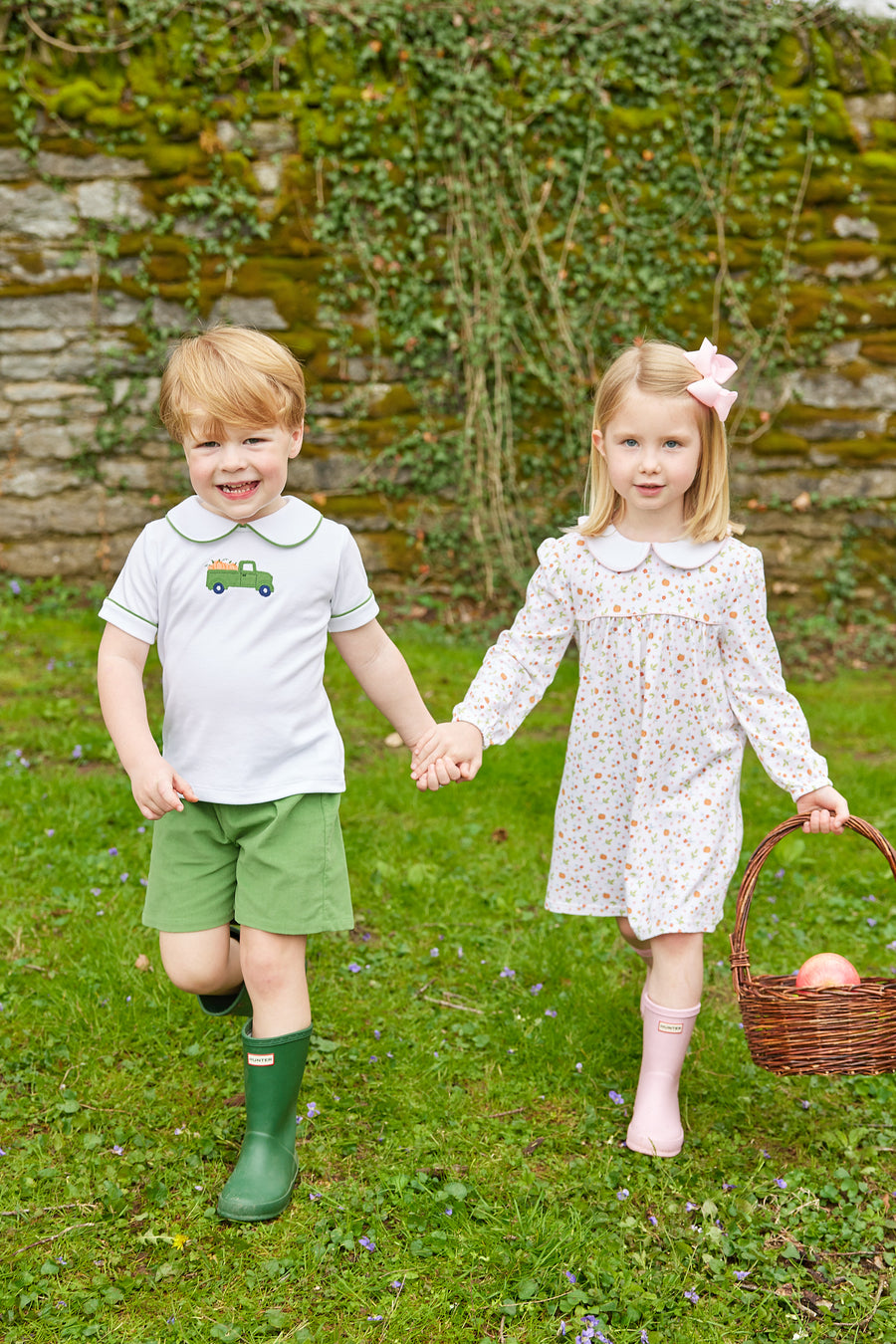 Little English traditional clothing, peter pan short set with green piping and shorts, truck with pumpkin applique on chest