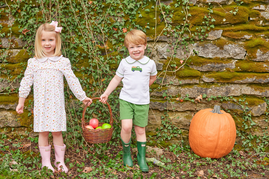 Little English traditional clothing, peter pan short set with green piping and shorts, truck with pumpkin applique on chest