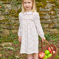 Little English traditional children's clothing.  Pumpkin floral print knit dress for little girls for Fall