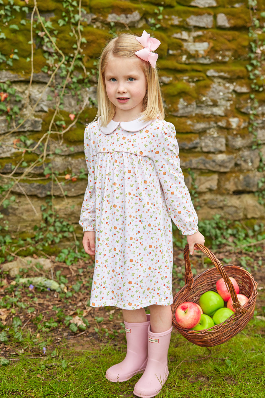 Little English traditional children's clothing.  Pumpkin floral print knit dress for little girls for Fall