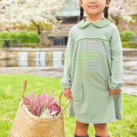 little english classic childrens clothing girls light green and white striped dress with front pockets and peter pan collar