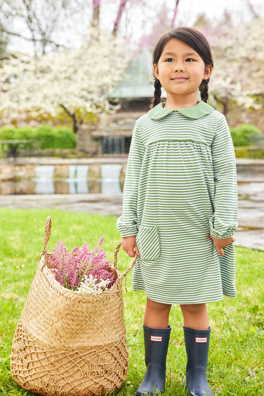 little english classic childrens clothing girls light green and white striped dress with front pockets and peter pan collar