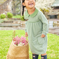 little english classic childrens clothing girls light green and white striped dress with front pockets and peter pan collar