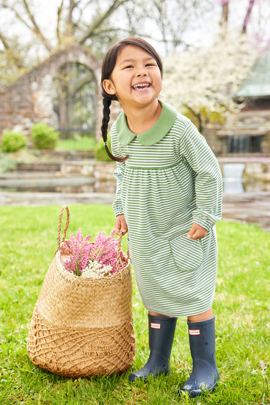 little english classic childrens clothing girls light green and white striped dress with front pockets and peter pan collar