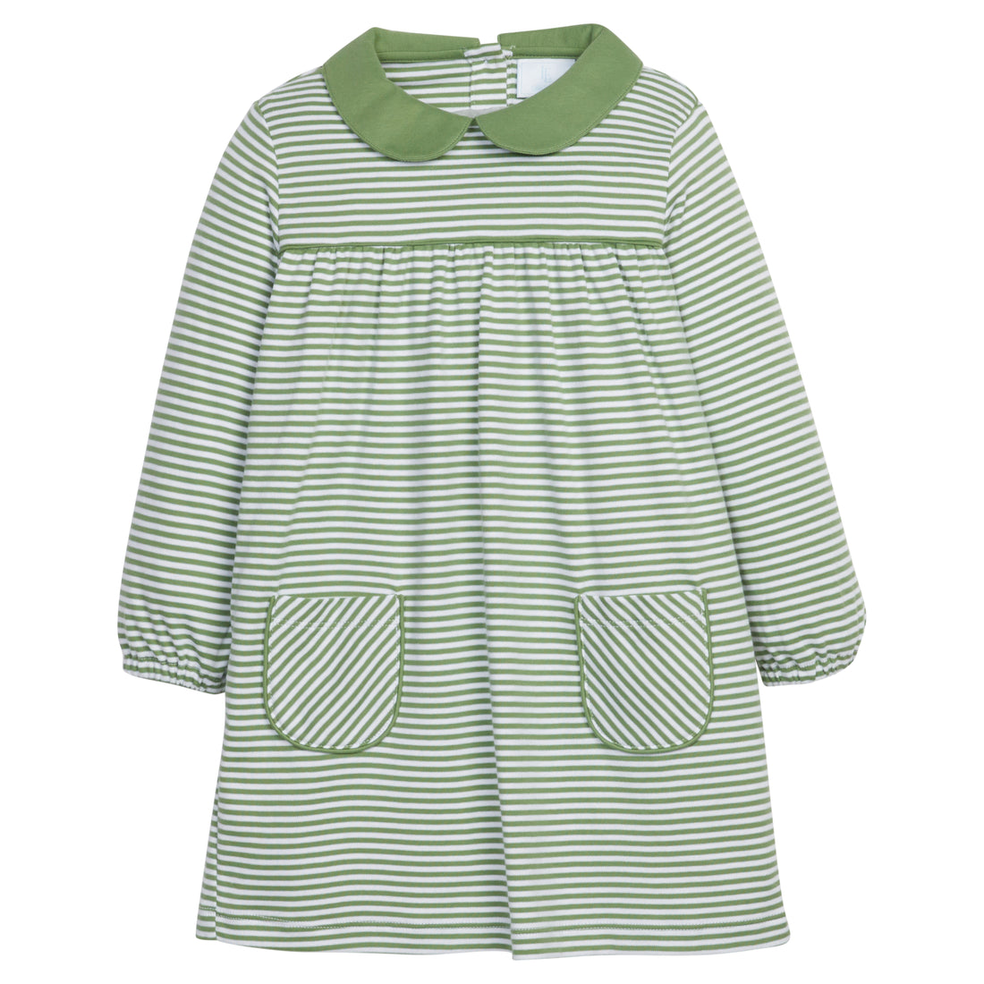 little english classic childrens clothing girls light green and white striped dress with front pockets and peter pan collar