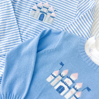 Little English classic girl's clothing, light blue intarsia sweater with castle motif and coordinating printed turtleneck