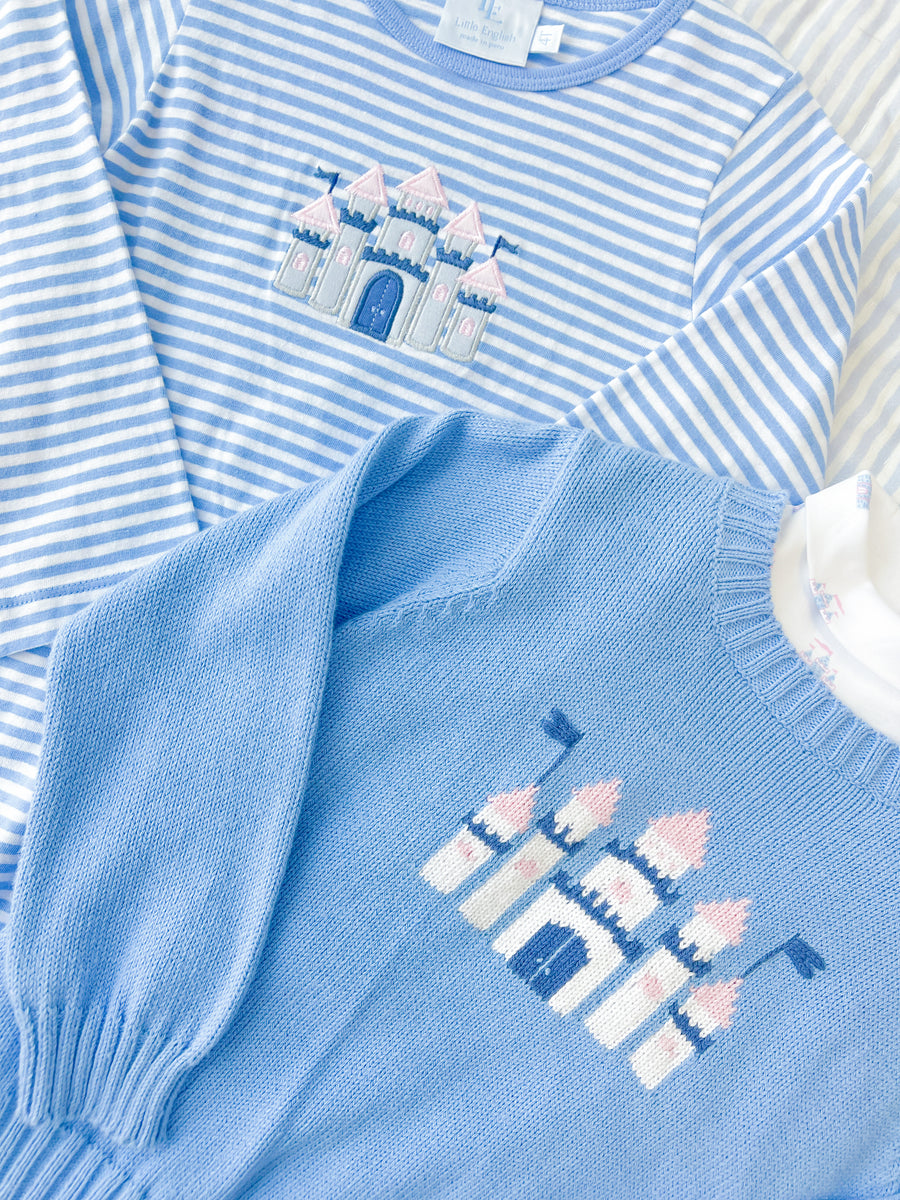 Little English classic girl's clothing, light blue intarsia sweater with castle motif and coordinating printed turtleneck