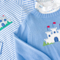 Little English classic boy's clothing for fall, light blue fort intarsia sweater with coordinating printed turtleneck and applique t-shirt