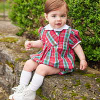 Little English traditional children's clothing, Fallon bubble in red, blue, and green highlands tartan pattern with buttons on chest, for little girl