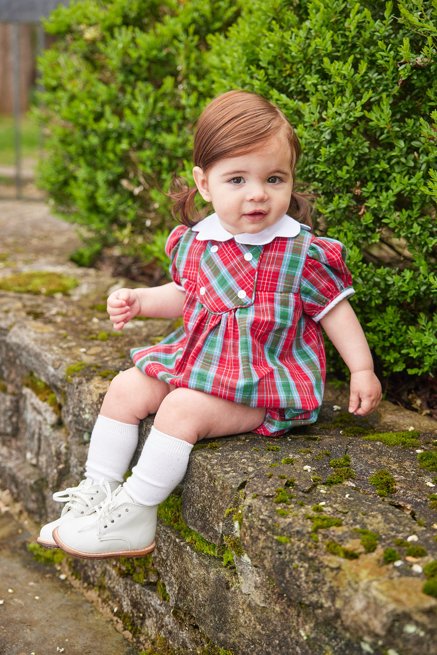 Little English traditional children's clothing, Fallon bubble in red, blue, and green highlands tartan pattern with buttons on chest, for little girl