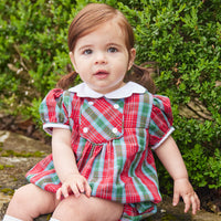 Little English traditional children's clothing, Fallon bubble in red, blue, and green highlands tartan pattern with buttons on chest, for little girl