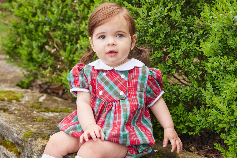 Little English traditional children's clothing, Fallon bubble in red, blue, and green highlands tartan pattern with buttons on chest, for little girl