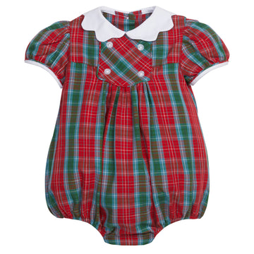 Little English traditional children's clothing, Fallon bubble in red, blue, and green highlands tartan pattern with buttons on chest, for little girl