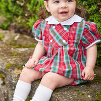 Little English traditional children's clothing, Fallon bubble in red, blue, and green highlands tartan pattern with buttons on chest, for little girl