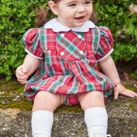 Little English traditional children's clothing, Fallon bubble in red, blue, and green highlands tartan pattern with buttons on chest, for little girl