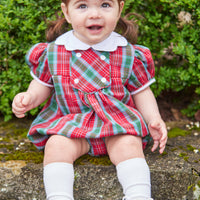 Little English traditional children's clothing, Fallon bubble in red, blue, and green highlands tartan pattern with buttons on chest, for little girl