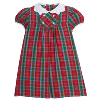 Little English traditional children's clothing, Fallon dress in red, blue, and green highlands tartan pattern with buttons on chest, for little girl