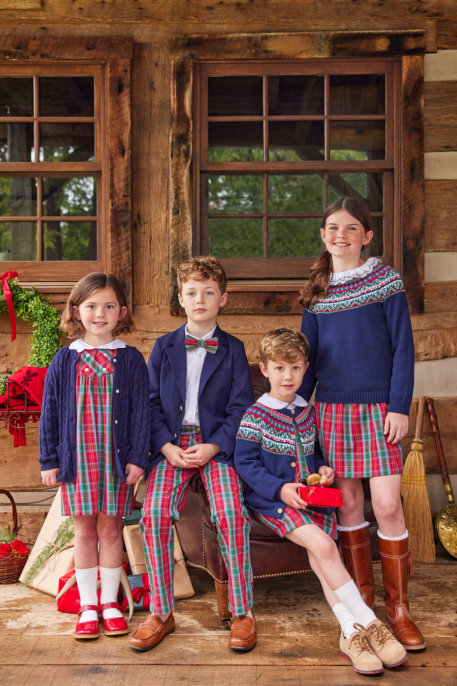 Little English traditional children's clothing, Highlands Fair Isle cardigan in navy with wooden buttons down the center, for little boy or girl