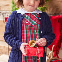 Little English traditional children's clothing, Fallon dress in red, blue, and green highlands tartan pattern with buttons on chest, for little girl