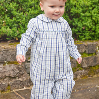 Little English traditional children's clothing, Finn longall in blue ridge pattern with long sleeves for baby boy