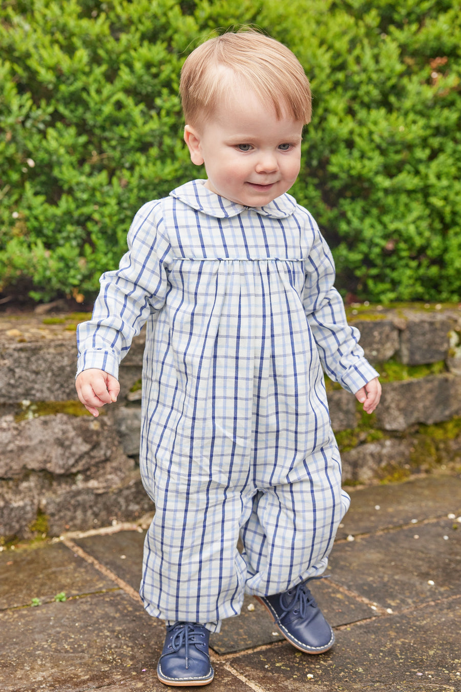 Little English traditional children's clothing, Finn longall in blue ridge pattern with long sleeves for baby boy