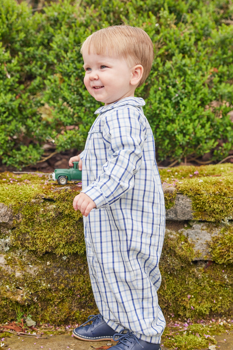 Little English traditional children's clothing, Finn longall in blue ridge pattern with long sleeves for baby boy