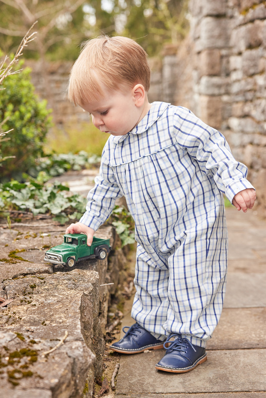 Little English traditional children's clothing, Finn longall in blue ridge pattern with long sleeves for baby boy