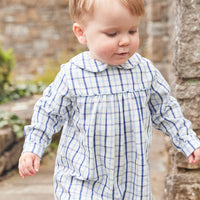 Little English traditional children's clothing, Finn longall in blue ridge pattern with long sleeves for baby boy