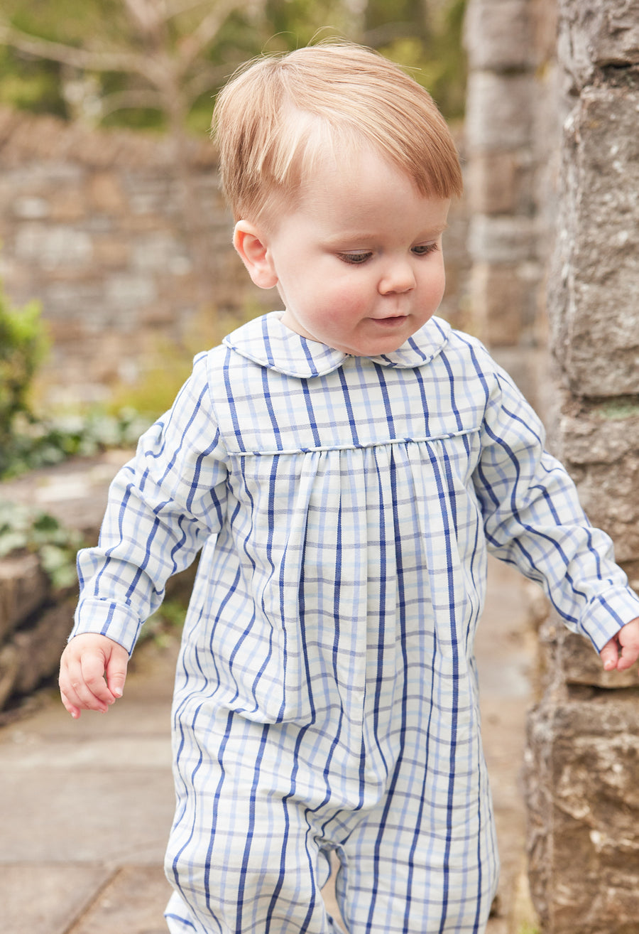 Little English traditional children's clothing, Finn longall in blue ridge pattern with long sleeves for baby boy