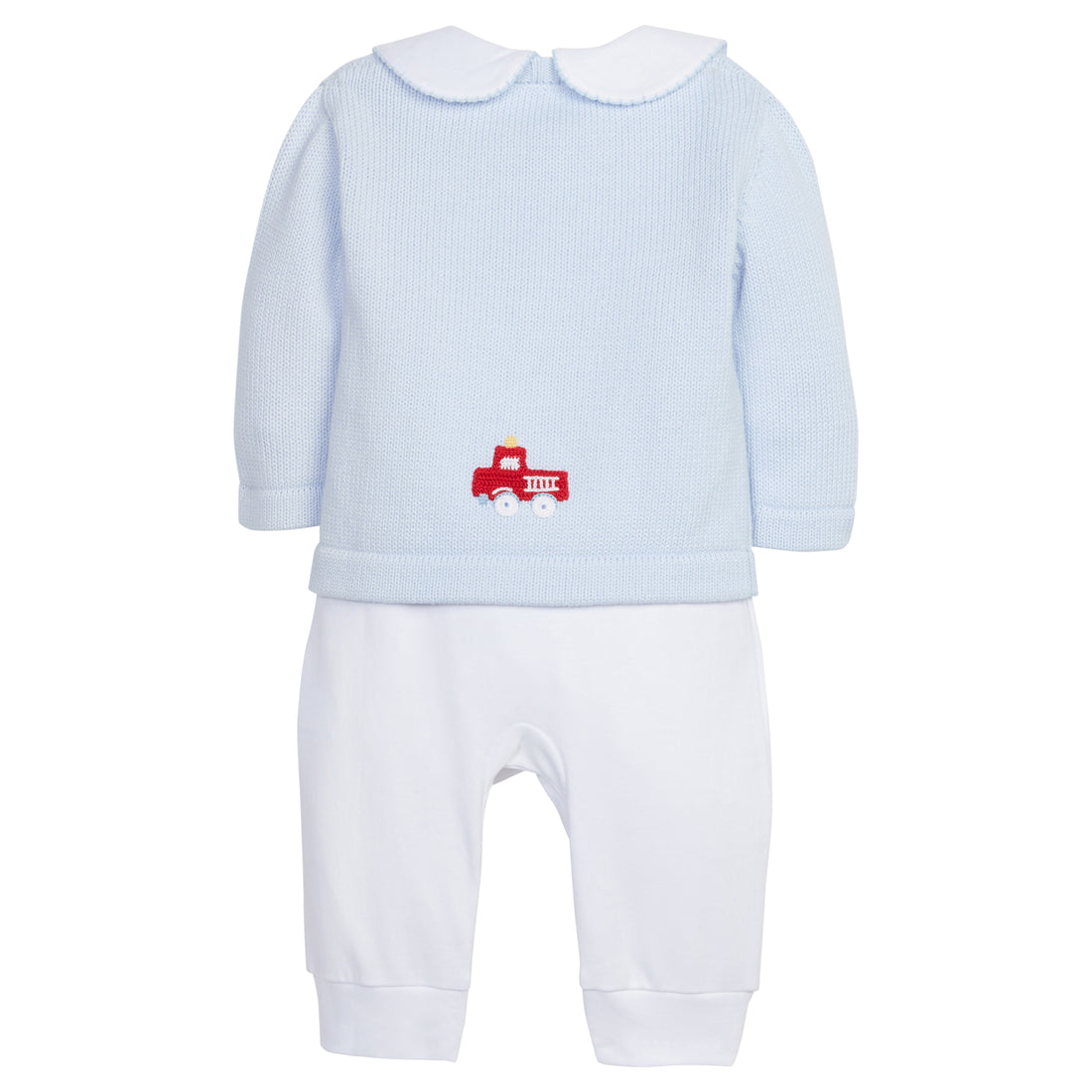 Little English signature baby crochet sweater, light blue fire truck sweater for boy