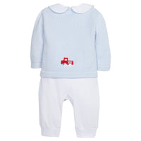 Little English signature baby crochet sweater, light blue fire truck sweater for boy