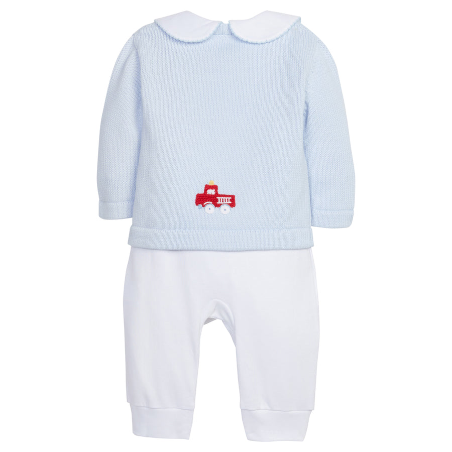 Little English signature baby crochet sweater, light blue fire truck sweater for boy